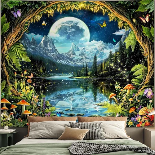 Vista 12 de Apdidl Tapiz Verde del Árbol de la Vida para Dormitorio, Colgante de Pared de Árbol Natural Estético, Tapices Bohemios Hippie Arte de Pared, Manta