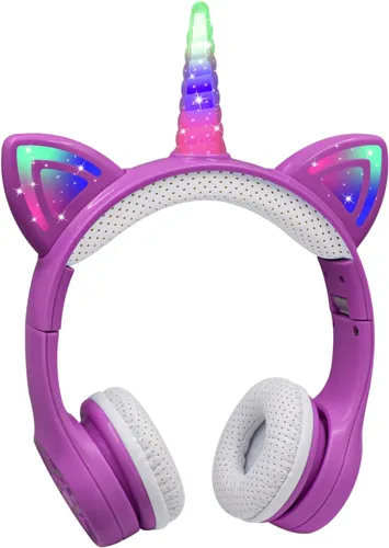 Vista 14 de Auriculares de unicornio para niñas, auriculares Bluetooth de unicornio para niños pequeños, portátil, teléfonos celulares, uso en avión Negro