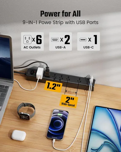 Vista 4 de SUPERDANNY - Protector de sobretensión con enchufe plano, tira de alimentación, cable de extensión ultra delgado de 6 pies con 3 USB