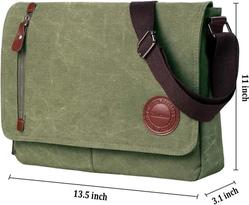 Vista 3 de Bolso bandolera de lona vintage para hombres y mujeres, bolsa de hombro de viaje para laptop de 13.5 pulgadas, bolsa para libros (verde militar)