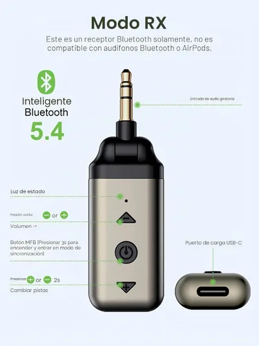 Vista 6 de HVMLAK Air88 Bluetooth 5.4 Adaptador Aux, conector de 3.5mm giratorio 180°, para estéreo de coche y hogar, llamadas manos libres, batería de 12