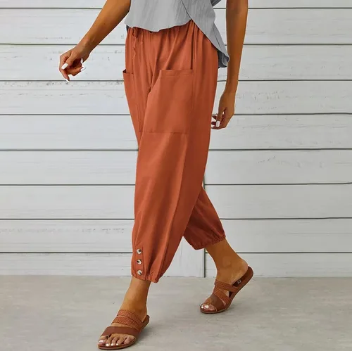 Vista 5 de Pantalones capri de cintura alta con cordón y botón de algodón suelto casual con bolsillos para mujer