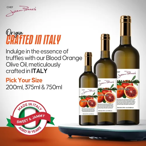 Vista 6 de Chef Jean Pierre's Aceite de oliva de naranja sangre extra virgen – Botella de vidrio de 12.5 onzas – Infundido naturalmente con sabores dulces