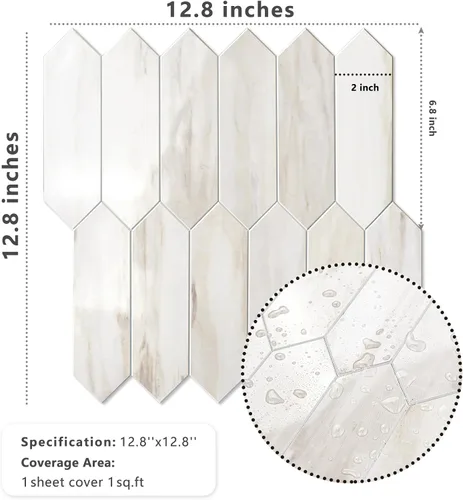 Vista 7 de Vamos Tile 1 hoja de azulejos brillantes con veta de mármol de madera para protector contra salpicaduras, despegar y pegar, azulejos de pared