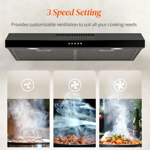 Vista 4 de FIREGAS Campana de Ventilación Negra de 30 Pulgadas para Debajo del Gabinete, Campana de Cocina Convertible con y sin Conductos, 300 CFM, Ventilador