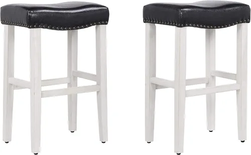 Vista 10 de Jameson - Taburete tapizado para mostrador de clavos, 24 pulgadas, color blanco antiguo y cuero