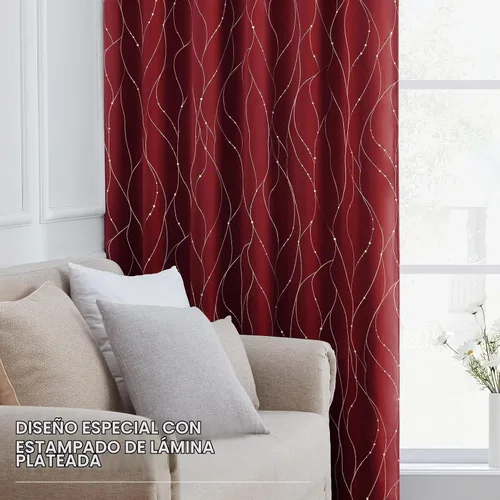 Vista 3 de HOMEIDEAS – Cortinas opacas burdeos/rojas de 52 x 63 pulgadas, 2 paneles, línea ondulada plateada con lunares impresos al reverso, cortinas