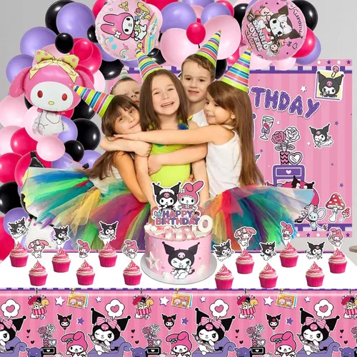Vista 5 de Suministros para fiestas de cumpleaños Kawaii, las decoraciones para fiestas Kawaii incluyen kit de arco de guirnalda de globos, globos de látex