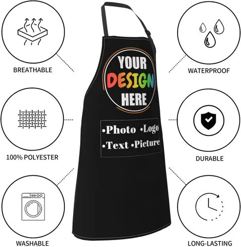 Vista 4 de Delantales de cocina personalizados para hombres y mujeres con bolsillos, personalizable, foto, logotipo, imagen, nombre, chef cocinero, delantal