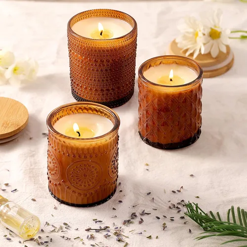 Vista 4 de DARJEN Paquete de 12 tarros de vela de ámbar para hacer velas - 3 estilos de tarros de vidrio para hacer velas a granel con tapas de bambú