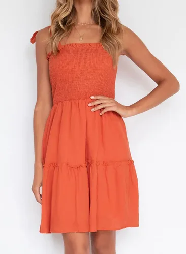 Vista 9 de MUXERI Women's Bohemian Solid Color Spaghetti Straps Shirred Square Neck Swing A Line Beach Mini Dress