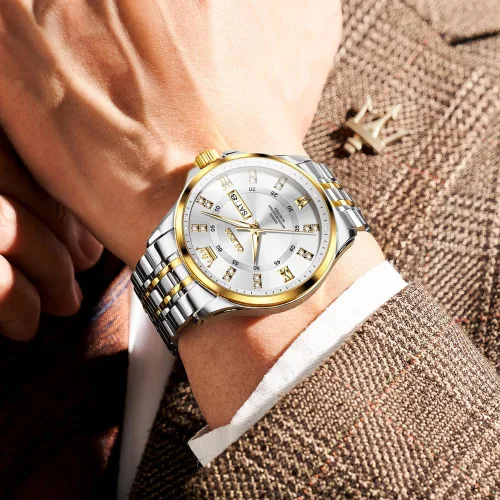 Vista 25 de OLEVS - Relojes de diamantes para hombres, relojes de vestir a prueba de agua, relojes analógicos de cuarzo de lujo con calendario de fecha y correa