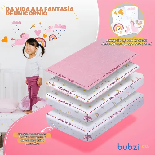 Vista 5 de Bubzi Co Juego de ropa de cama de cuna para niñas, 5 piezas, incluye 2 sábanas para cuna, edredón de algodón, manta de bebé y juego de calcomanías