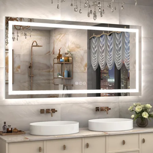 Vista 34 de Espejo de baño LED iluminado de 30 x 30 pulgadas para pared, espejo cuadrado de tocador con luces, regulable, antivaho, a prueba de roturas