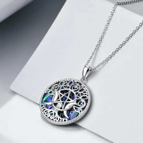 Vista 3 de YFN Collar de diosa de triple luna plata de ley pentagrama pentagrama ópalo pagano wiccano magia amuleto de árbol de la vida joyería para mujeres