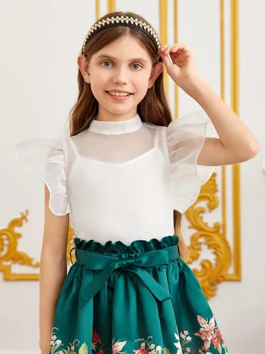 Vista 4 de WDIRARA Blusa sin mangas de malla transparente con cuello alto falso y volantes para niña
