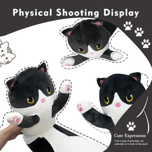 Vista 5 de Almohada larga de felpa de gato, 19.6 pulgadas - Adorable peluche de gato negro - Animales de peluche suaves - Almohada tipo cuerpo de gatito