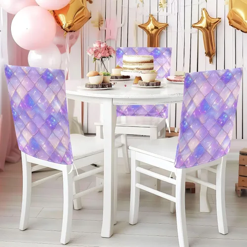 Vista 5 de Juego de 6 fundas decorativas para sillas de comedor con diseño de escamas de dragón morado, para reuniones familiares, fundas de asiento extraíbles