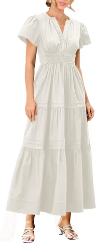 Vista 2 de Doshoop Vestido largo bohemio de verano para mujer, manga con volantes, cuello en V, fruncido, escalonado, escalonado, para playa, vestido largo