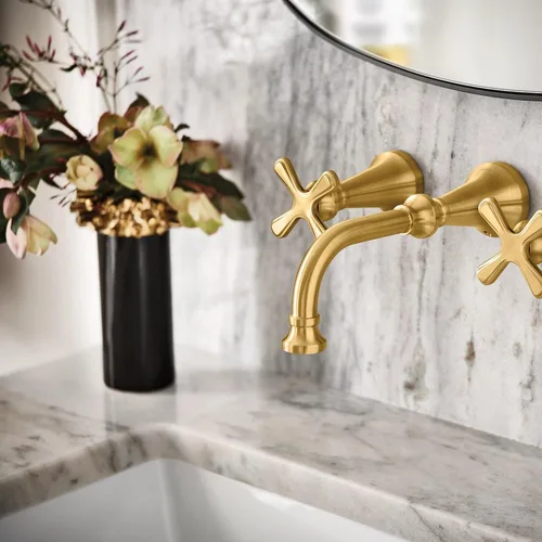 Vista 2 de Moen Colinet Oro Cepillado - Llave de baño tradicional de arco alto, de dos mandos, con mangos cruzados, requiere válvula, TS44103BG