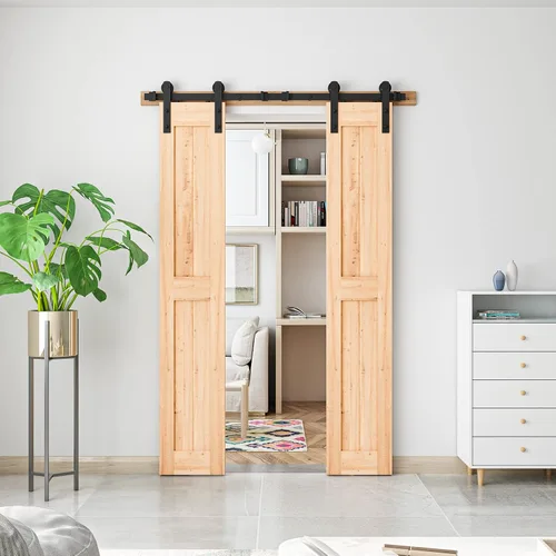 Vista 6 de SMARTSTANDARD Kit de herrajes para puerta corrediza de granero de doble puerta resistente de 5 pies, suave y silencioso, fácil de instalar, incluye