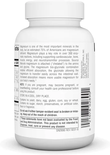 Vista 3 de Source Naturals Glicinato de magnesio, quelado para una alta absorción para energía calma, apoyo óseo y cardíaco*, 200 mg por porción - 60 tabletas