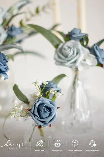 Vista 4 de Ling's moment Paquete de 25 capullos de rosas artificiales y rosas pequeñas con tallo, para ramos de boda, centros de mesa, decoración de ramilletes