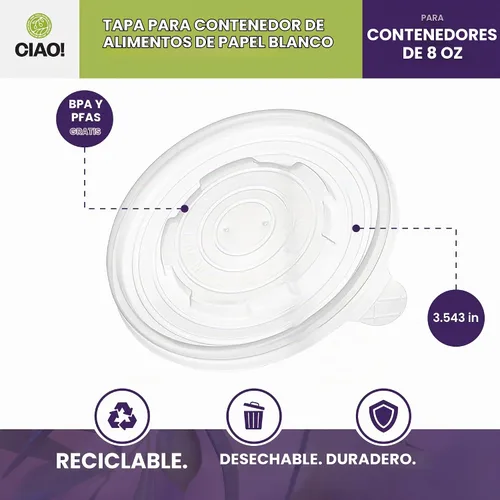 Vista 2 de CIAO! Tapa de PP de 3.543 in de diámetro, diseñada y apta para contenedores de papel de 8 oz (1000/caja)