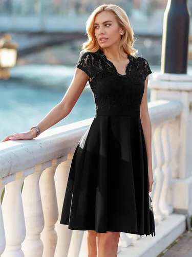 Vista 8 de MISSMAY Vestido de cóctel con cuello en V y encaje floral retro para mujer