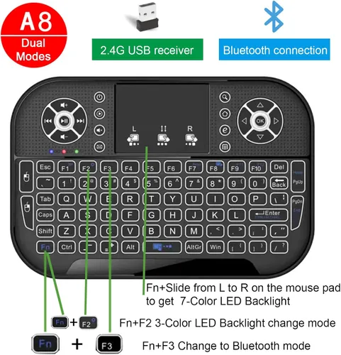 Vista 2 de Mini teclado Bluetooth A8, dos modos (2.4 GHz/Bluetooth) controlador de teclado inalámbrico con panel táctil y mouse combinado, retroiluminación RGB