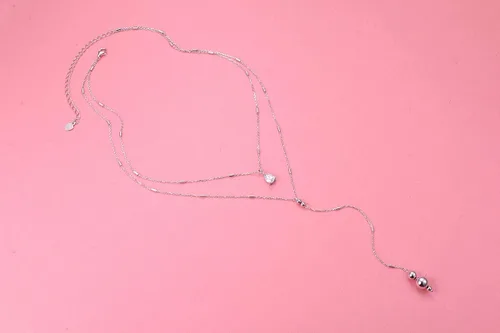 Vista 3 de Collar de doble capa de plata esterlina S925 en forma de Y Lariat collar de cadena larga para mujeres y niñas