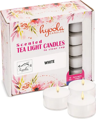 Vista 17 de HYOOLA Velas aromáticas de vela – Taza transparente – Velas perfumadas de vainilla – 6 horas de tiempo de combustión – Paquete de 15 – Fabricado