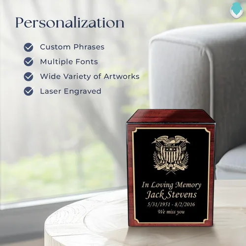 Vista 5 de GetUrns Caja conmemorativa de urna de cremación de cereza pequeña grabada personalizada para cenizas (gloria americana)