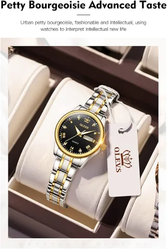 Vista 5 de OLEVS Reloj de pulsera analógico de cuarzo analógico de acero inoxidable para mujer de moda color dorado y plateado