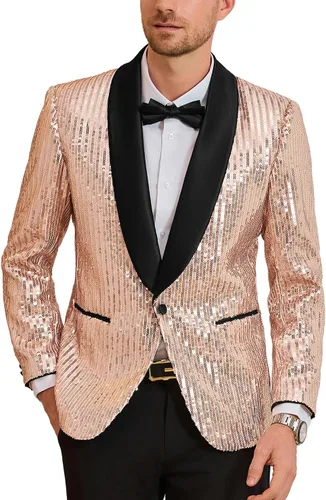 Vista 8 de GRACE KARIN Blazer de lentejuelas brillantes para hombre, con un botón, chal, solapa, esmoquin, fiesta, cena, baile de graduación