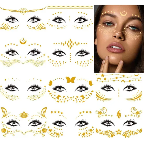Vista 8 de Uranian Calcomanías temporales para tatuajes faciales dorados, pecas para mujeres, transferencia de mariposas, tatuajes metálicos, estilos mixtos