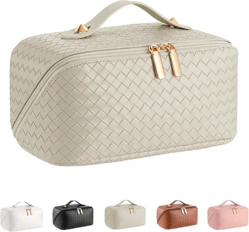 Vista 12 de Bolsa de cosméticos de viaje de gran capacidad - Bolsas de maquillaje portátiles para mujeres, impermeable, de cuero PU a cuadros, con organizador