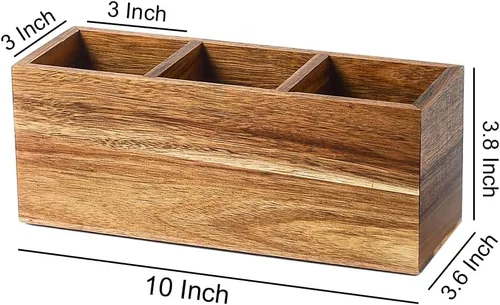 Vista 2 de Soporte para lápices de madera para escritorio, soporte para control remoto, organizador de almacenamiento de escritorio con 3 compartimentos Acacia