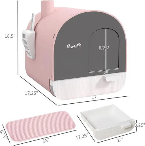 Vista 7 de PawHut Caja de arena para gatos con tapa, caja de arena cubierta para gatos de interior con bandeja, pala, alfombra, filtro, 17" x 17" x 18.5", rosa
