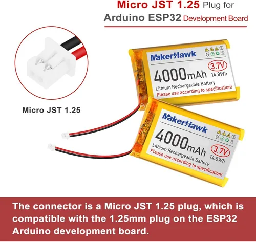 Vista 2 de MakerHawk Batería LiPo de 3.7 V 4000 mAh recargable 1S 124065 Batería de polímero de litio con placa de protección cinta de goma aislada, enchufe