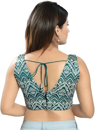 Vista 3 de Cobalt-Blue Designer Indian V-Neckline Sleeveless Sari Saree Blouse Choli