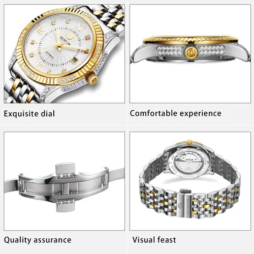 Vista 3 de BINLUN Reloj mecánico automático de oro para hombre, correa de cuerda automática respetuosa con la piel, chapado en oro de 18 quilates, relojes