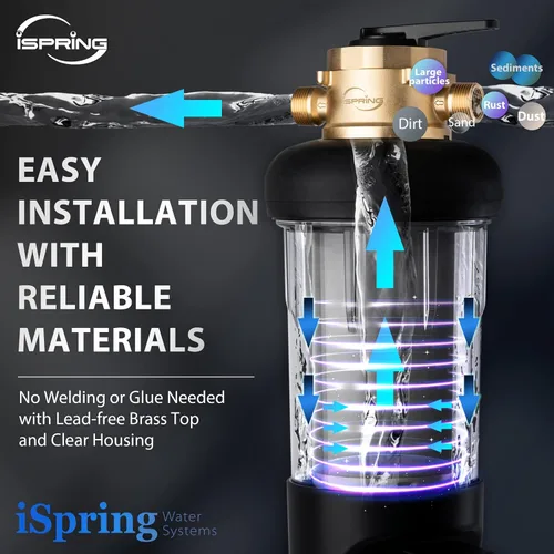 Vista 8 de iSpring WSP50ARJ-BP Prefiltro para toda la casa, filtro de agua de sedimentos giratorio con derivación, carcasa transparente mejorada, tamaño jumbo