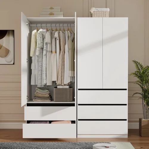 Vista 8 de Armario Ropero Closet con Cajones: Armario Grande Blanco de 75" con 2 Puertas para Colgar Ropa, Armarios de Madera Modernos para Dormitorio con 2