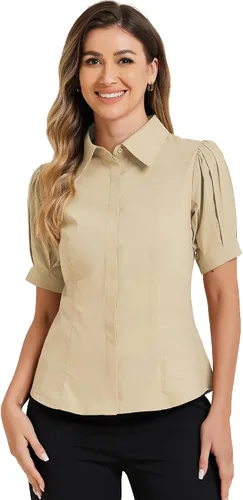 Vista 11 de Allegra K Camisa de manga corta con botones para mujer, con cuello y manga corta
