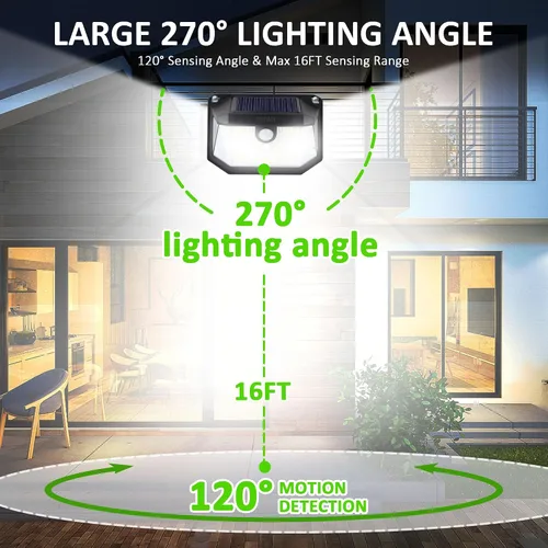 Vista 2 de Luces solares para exteriores, 230 LED con sensor de movimiento y 3 modos, impermeabilidad IP65, luz de ángulo amplio de 270°, luces de pared
