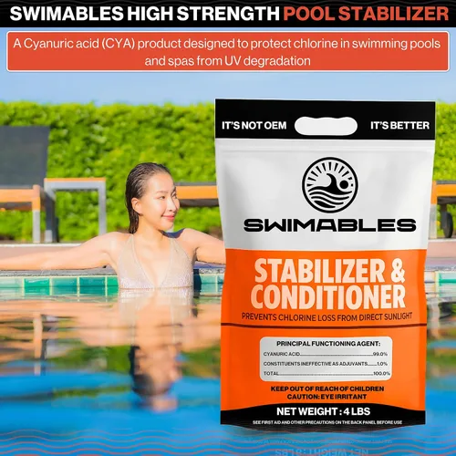 Vista 2 de Swimables Estabilizador y acondicionador de piscina prémium de 4 libras, ácido cianúrico de máxima fuerza para piscinas, spa y agua salada, reduce