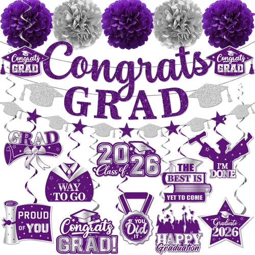 Vista 3 de Decoraciones de graduación 2026, pancarta de felicitaciones con purpurina, espirales colgantes y pompones de tela, decoraciones de graduación negras
