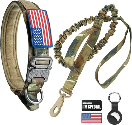 Vista 15 de Collar táctico para perro y correa elástica, juego de collar y correa militar para perro con bandera estadounidense de Estados Unidos, collar K9