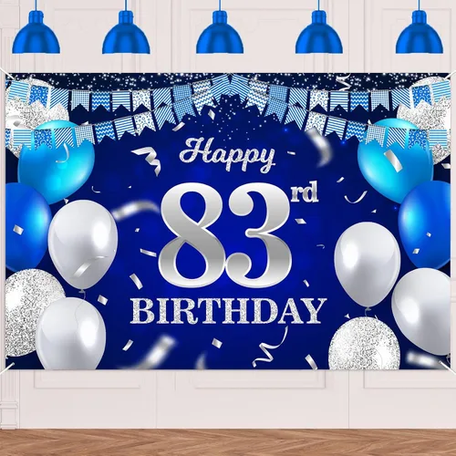 Vista 89 de Bandera de feliz primer cumpleaños con fondo azul marino, globos, confeti, bandera de rayas, luces de puntos, felicitaciones por el tema de 1 año